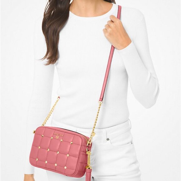 MICHAEL KORS~Jet Set Studded Quilted Lamb Leather Camera Bag~PINK CROSSBODY /TAG - Picture 2 of 8